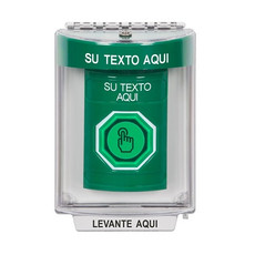 SS2137ZA-ES STI Green Indoor/Outdoor Flush Weather Resistant Momentary (Illuminated) with Green Lens Stopper Station with Non-Returnable Custom Text Label Spanish