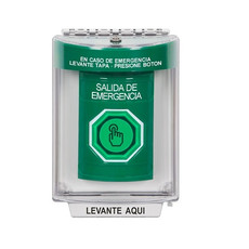 SS2146EX-ES STI Green Indoor/Outdoor Flush w/ Horn Momentary (Illuminated) with Green Lens Stopper Station with EMERGENCY EXIT Label Spanish