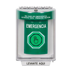 SS2147EM-ES STI Green Indoor/Outdoor Flush w/ Horn Weather Resistant Momentary (Illuminated) with Green Lens Stopper Station with EMERGENCY Label Spanish
