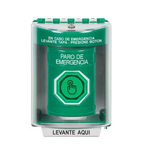 SS2176ES-ES STI Green Indoor/Outdoor Surface Momentary (Illuminated) with Green Lens Stopper Station with EMERGENCY STOP Label Spanish