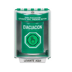 SS2176EV-ES STI Green Indoor/Outdoor Surface Momentary (Illuminated) with Green Lens Stopper Station with EVACUATION Label Spanish