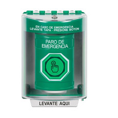 SS2177ES-ES STI Green Indoor/Outdoor Surface Weather Resistant Momentary (Illuminated) with Green Lens Stopper Station with EMERGENCY STOP Label Spanish