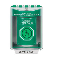 SS2177PX-ES STI Green Indoor/Outdoor Surface Weather Resistant Momentary (Illuminated) with Green Lens Stopper Station with PUSH TO EXIT Label Spanish