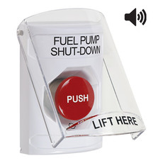 SS23A1PS-EN STI White Indoor Only Flush or Surface w/ Horn Turn-to-Reset Stopper Station with FUEL PUMP SHUT DOWN Label English