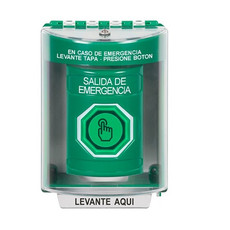 SS2187EX-ES STI Green Indoor/Outdoor Surface w/ Horn Weather Resistant Momentary (Illuminated) with Green Lens Stopper Station with EMERGENCY EXIT Label Spanish