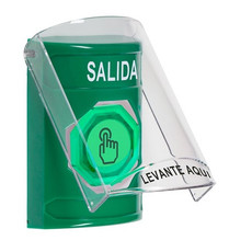 SS21A6XT-ES STI Green Indoor Only Flush or Surface w/ Horn Momentary (Illuminated) with Green Lens Stopper Station with EXIT Label Spanish