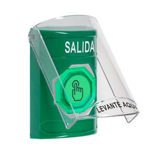 SS21A7XT-ES STI Green Indoor Only Flush or Surface w/ Horn Weather Resistant Momentary (Illuminated) with Green Lens Stopper Station with EXIT Label Spanish