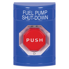 SS2409PS-EN STI Blue No Cover Turn-to-Reset (Illuminated) Stopper Station with FUEL PUMP SHUT DOWN Label English
