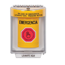 SS2247EM-ES STI Yellow Indoor/Outdoor Flush w/ Horn Weather Resistant Momentary (Illuminated) with Red Lens Stopper Station with EMERGENCY Label Spanish