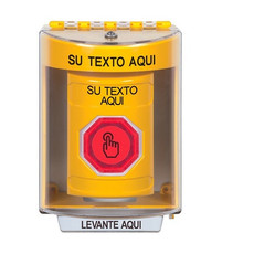 SS2277ZA-ES STI Yellow Indoor/Outdoor Surface Weather Resistant Momentary (Illuminated) with Red Lens Stopper Station with Non-Returnable Custom Text Label Spanish
