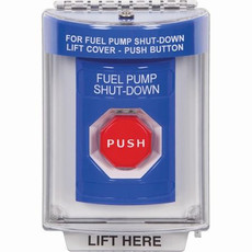 SS2432PS-EN STI Blue Indoor/Outdoor Flush Key-to-Reset (Illuminated) Stopper Station with FUEL PUMP SHUT DOWN Label English