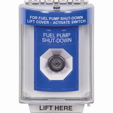 SS2433PS-EN STI Blue Indoor/Outdoor Flush Key-to-Activate Stopper Station with FUEL PUMP SHUT DOWN Label English