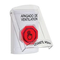 SS2327HV-ES STI White Indoor Only Flush or Surface Weather Resistant Momentary (Illuminated) with Red Lens Stopper Station with HVAC SHUT DOWN Label Spanish