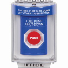 SS2444PS-EN STI Blue Indoor/Outdoor Flush w/ Horn Momentary Stopper Station with FUEL PUMP SHUT DOWN Label English