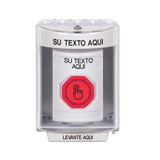 SS2377ZA-ES STI White Indoor/Outdoor Surface Weather Resistant Momentary (Illuminated) with Red Lens Stopper Station with Non-Returnable Custom Text Label Spanish