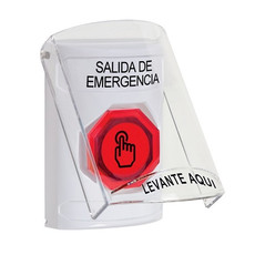 SS23A6EX-ES STI White Indoor Only Flush or Surface w/ Horn Momentary (Illuminated) with Red Lens Stopper Station with EMERGENCY EXIT Label Spanish