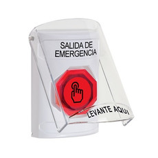 SS23A7EX-ES STI White Indoor Only Flush or Surface w/ Horn Weather Resistant Momentary (Illuminated) with Red Lens Stopper Station with EMERGENCY EXIT Label Spanish