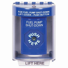 SS2480PS-EN STI Blue Indoor/Outdoor Surface w/ Horn Key-to-Reset Stopper Station with FUEL PUMP SHUT DOWN Label English