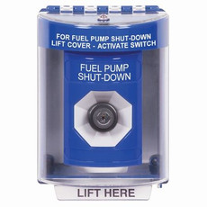 SS2483PS-EN STI Blue Indoor/Outdoor Surface w/ Horn Key-to-Activate Stopper Station with FUEL PUMP SHUT DOWN Label English