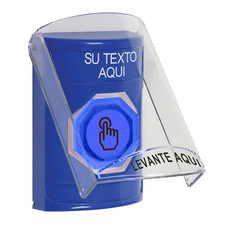 SS2427ZA-ES STI Blue Indoor Only Flush or Surface Weather Resistant Momentary (Illuminated) with Blue Lens Stopper Station with Non-Returnable Custom Text Label Spanish