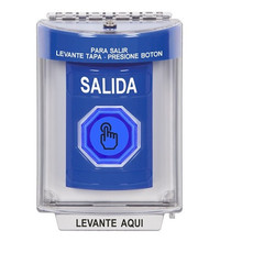 SS2437XT-ES STI Blue Indoor/Outdoor Flush Weather Resistant Momentary (Illuminated) with Blue Lens Stopper Station with EXIT Label Spanish