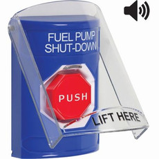 SS24A5PS-EN STI Blue Indoor Only Flush or Surface w/ Horn Momentary (Illuminated) Stopper Station with FUEL PUMP SHUT DOWN Label English