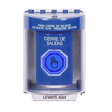 SS2487LD-ES STI Blue Indoor/Outdoor Surface w/ Horn Weather Resistant Momentary (Illuminated) with Blue Lens Stopper Station with LOCKDOWN Label Spanish