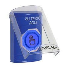 SS24A6ZA-ES STI Blue Indoor Only Flush or Surface w/ Horn Momentary (Illuminated) with Blue Lens Stopper Station with Non-Returnable Custom Text Label Spanish