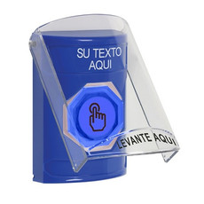 SS24A7ZA-ES STI Blue Indoor Only Flush or Surface w/ Horn Weather Resistant Momentary (Illuminated) with Blue Lens Stopper Station with Non-Returnable Custom Text Label Spanish