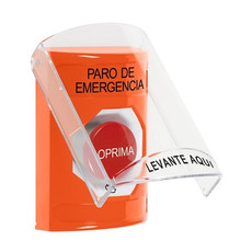 SS2521ES-ES STI Orange Indoor Only Flush or Surface Turn-to-Reset Stopper Station with EMERGENCY STOP Label Spanish