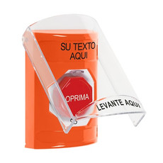 SS2529ZA-ES STI Orange Indoor Only Flush or Surface Turn-to-Reset (Illuminated) Stopper Station with Non-Returnable Custom Text Label Spanish