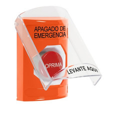 SS25A4PO-ES STI Orange Indoor Only Flush or Surface w/ Horn Momentary Stopper Station with EMERGENCY POWER OFF Label Spanish