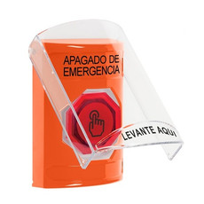 SS25A6PO-ES STI Orange Indoor Only Flush or Surface w/ Horn Momentary (Illuminated) with Red Lens Stopper Station with EMERGENCY POWER OFF Label Spanish