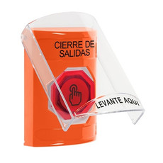 SS25A7LD-ES STI Orange Indoor Only Flush or Surface w/ Horn Weather Resistant Momentary (Illuminated) with Red Lens Stopper Station with LOCKDOWN Label Spanish