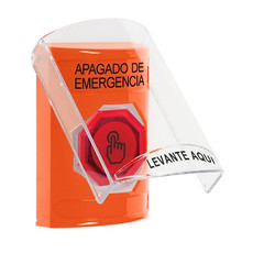SS25A7PO-ES STI Orange Indoor Only Flush or Surface w/ Horn Weather Resistant Momentary (Illuminated) with Red Lens Stopper Station with EMERGENCY POWER OFF Label Spanish