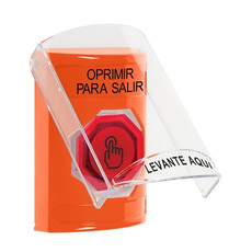 SS25A7PX-ES STI Orange Indoor Only Flush or Surface w/ Horn Weather Resistant Momentary (Illuminated) with Red Lens Stopper Station with PUSH TO EXIT Label Spanish