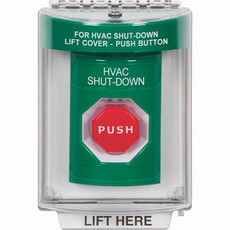 SS2132HV-EN STI Green Indoor/Outdoor Flush Key-to-Reset (Illuminated) Stopper Station with HVAC SHUT DOWN Label English