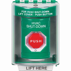 SS2179HV-EN STI Green Indoor/Outdoor Surface Turn-to-Reset (Illuminated) Stopper Station with HVAC SHUT DOWN Label English