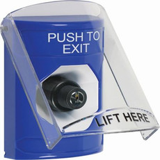SS2423PX-EN STI Blue Indoor Only Flush or Surface Key-to-Activate Stopper Station with PUSH TO EXIT Label English