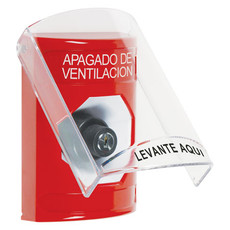 SS2023HV-ES STI Red Indoor Only Flush or Surface Key-to-Activate Stopper Station with HVAC SHUT DOWN Label Spanish