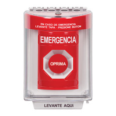 SS2034EM-ES STI Red Indoor/Outdoor Flush Momentary Stopper Station with EMERGENCY Label Spanish