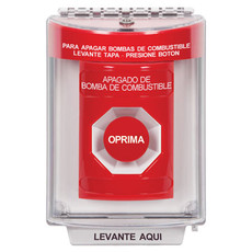 SS2034PS-ES STI Red Indoor/Outdoor Flush Momentary Stopper Station with FUEL PUMP SHUT DOWN Label Spanish