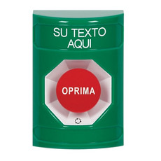 SS2101ZA-ES STI Green No Cover Turn-to-Reset Stopper Station with Non-Returnable Custom Text Label Spanish