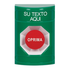 SS2104ZA-ES STI Green No Cover Momentary Stopper Station with Non-Returnable Custom Text Label Spanish