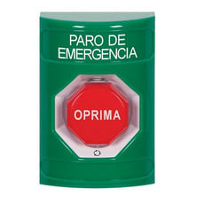 SS2109ES-ES STI Green No Cover Turn-to-Reset (Illuminated) Stopper Station with EMERGENCY STOP Label Spanish