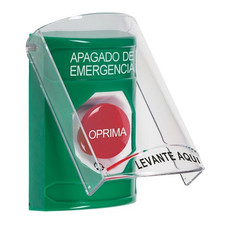 SS2121PO-ES STI Green Indoor Only Flush or Surface Turn-to-Reset Stopper Station with EMERGENCY POWER OFF Label Spanish