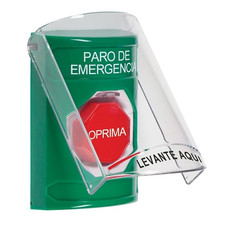SS2122ES-ES STI Green Indoor Only Flush or Surface Key-to-Reset (Illuminated) Stopper Station with EMERGENCY STOP Label Spanish