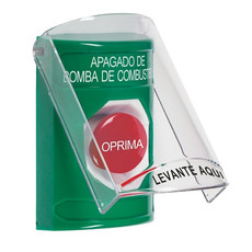 SS2124PS-ES STI Green Indoor Only Flush or Surface Momentary Stopper Station with FUEL PUMP SHUT DOWN Label Spanish