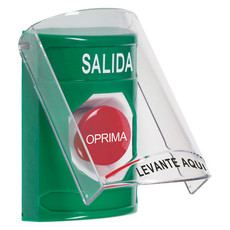 SS2124XT-ES STI Green Indoor Only Flush or Surface Momentary Stopper Station with EXIT Label Spanish
