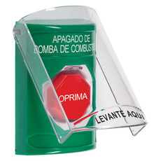 SS2125PS-ES STI Green Indoor Only Flush or Surface Momentary (Illuminated) Stopper Station with FUEL PUMP SHUT DOWN Label Spanish
